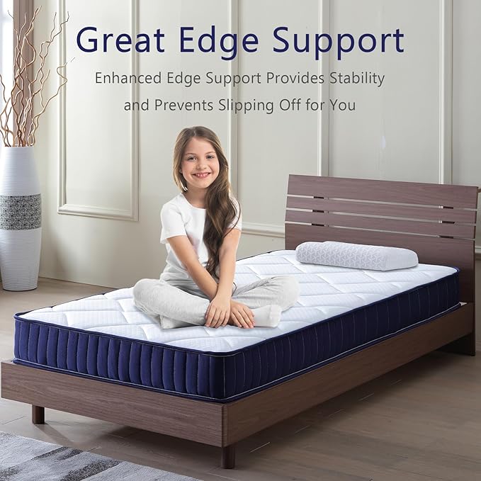 Twin Mattress, 6 Inch Hybrid Innerspring Memory Foam, Back to School Medium Soft, Motion Isolation,Pressure Relief, White and Blue