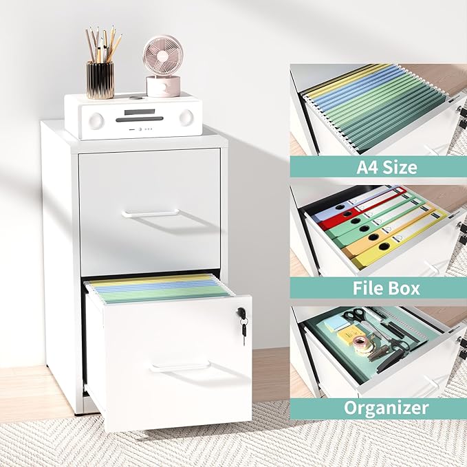 AQY 2 Drawer File Cabinet with Lock, Metal White Filing Cabinets for Home Office, 18" Deep Heavy Duty Vertical Storage Cabinet for Hanging A4/Letter/Legal Size Files, Assembly Require