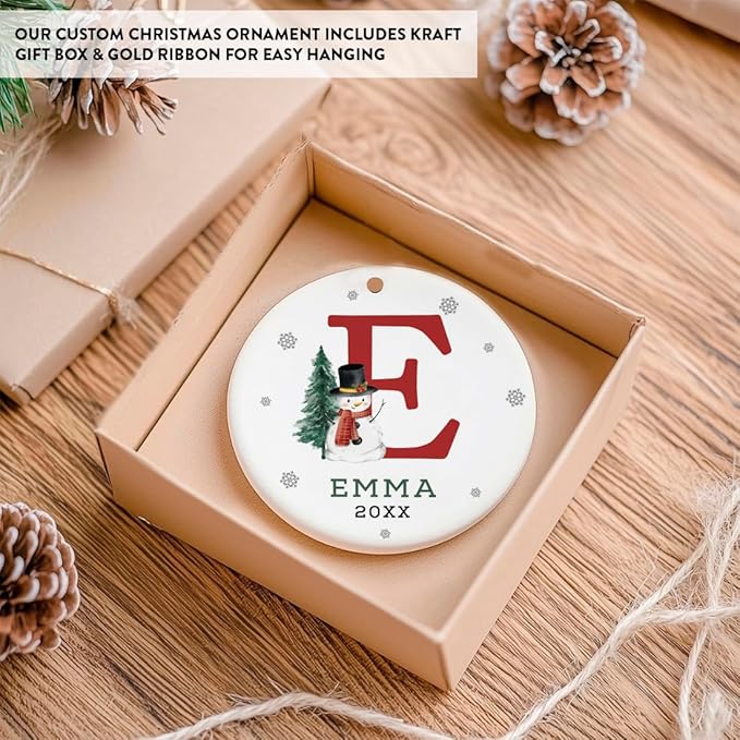 Andaz Press Personalized Christmas Ornament, Custom Name, Initial E Monogram Snowman 2.8" Ceramic Porcelain 2025 Christmas Ornament Keepsake for Kids, Boys, Girls, 1-Pack Initial Ornaments