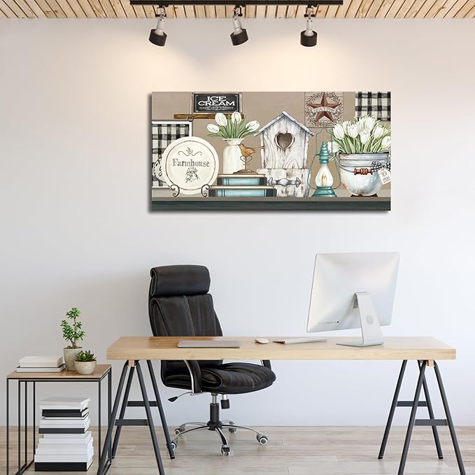 NINEASO Kitchen Wall Art Canvas - Rustic Country Pictures Farmhouse Wall Art Decor Vintage Objects Painting Artwork Retro Prints for Living Room Bedroom Home Decorations 20" x 40"