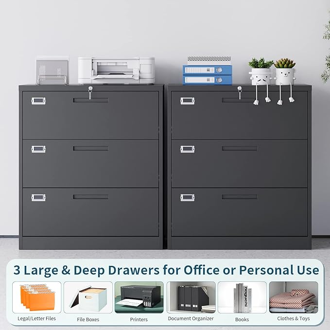 Lateral Filing Cabinet,3 Drawer File Cabinet with Lock,Office Lateral File Cabinets for Legal/Letter A4 Size,Require Assembly, Black