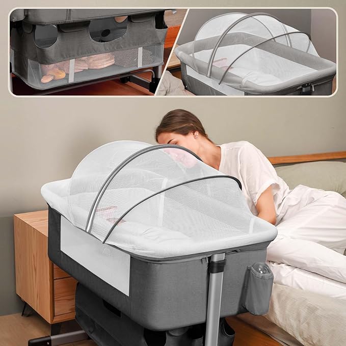 Bedside Crib,3 in 1 Baby Crib Adjustable Portable Bed for Infant,Baby Bassinet with Mosquito net Newborn Bed,Grey
