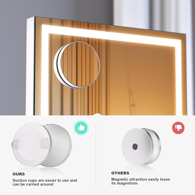 Hasipu Vanity Mirror with Lights and Bluetooth Speaker, 10.6" x 13.8" LED Makeup Mirror with 10X Magnification, Smart Touch 3 Colors Dimmable, Brightness Adjustment, 360° Rotation, White