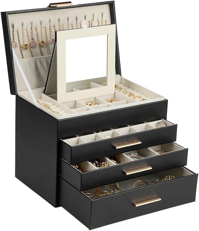 BOOVO Jewelry Boxes for Women, 5 Layer Jewelry Organizer with Necklace Hanger and Drawers, Large Jewelry Box for Earrings, Necklace and Bracelet Storage Gifts for Women and Girls (Black, 5 Layer)