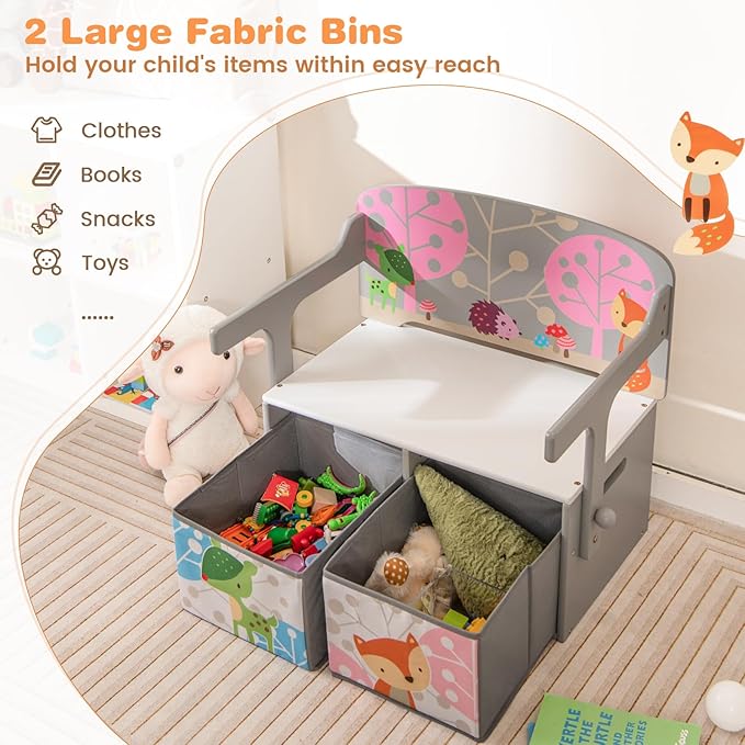 HONEY JOY Kids Table and Chair Set, 3-in-1 Convertible Wooden Toy Storage Bench with Handle, 2 Bins for Kids Reading Nook, Toddler Table and Chair Set for Daycare Playroom Classroom (Gray)