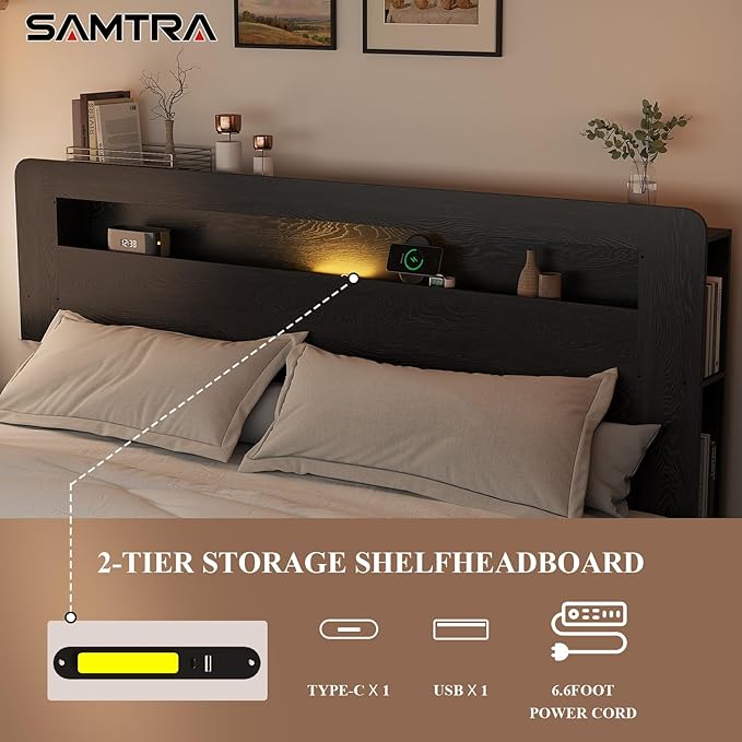 Wooden Bed Frame King Size with Storage Headboard - Farmhouse Platform Bed Frame with Bookcase Shelf & Led Lights, Sturdy Wood Slat Framework Bed Frame (Black LED)