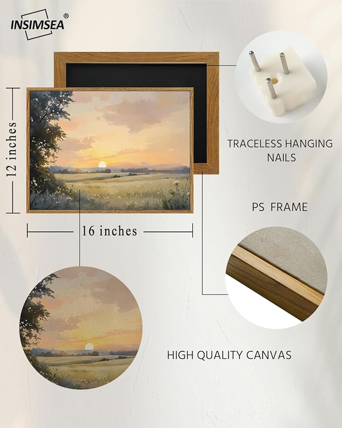 InSimSea Framed Canvas Wall Art, Vintage Wall Decor, Fall Landscape Watercolor Painting for Living Room, Bedroom Earthy Country Autumn Sunset Print Pictures Decorations,12x16inch