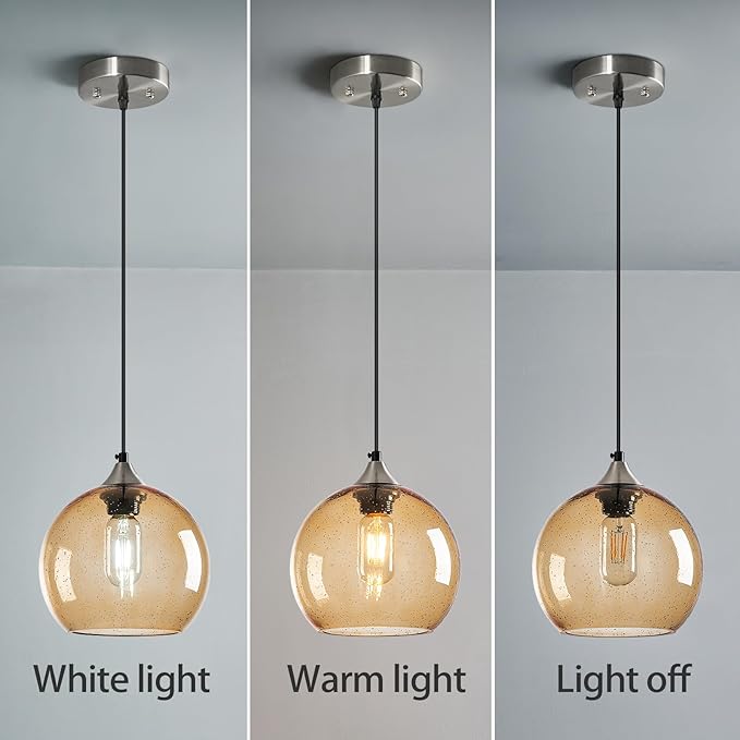 Light Brown Glass Pendant Lights Kitchen Island Lighting Globe Pendant Light Fixtures Modern Pendant Lighting for Bedroom Living Dining Room Light Fixture (7.87 in, 2 Pack)