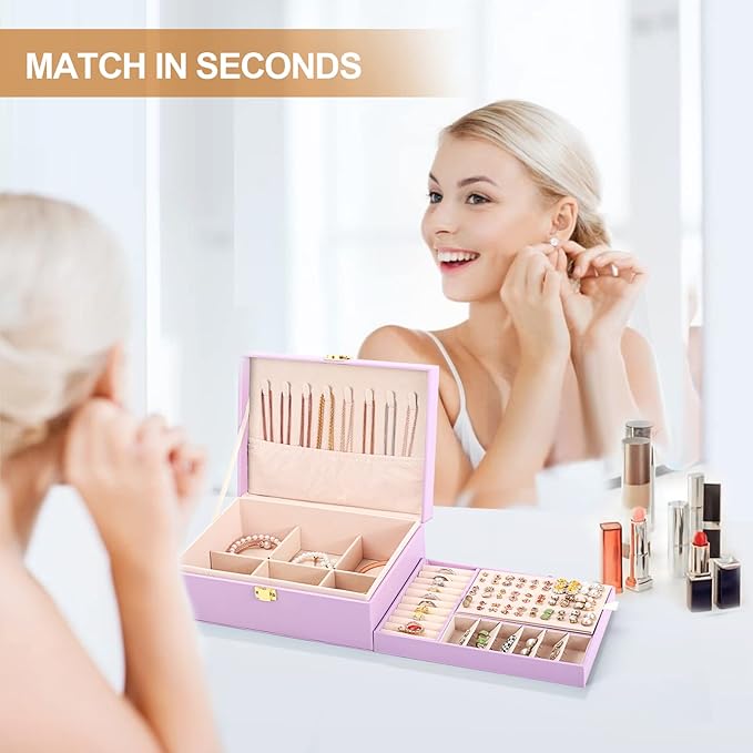 Jewelry Box for Girls Women Leather Jewelry Organizer with Lock Double Layers Jewelry Storage Case Removable Tray for Necklace Earring Ring with Polishing Cloth and Jewelry Bags, Home Decor Gifts