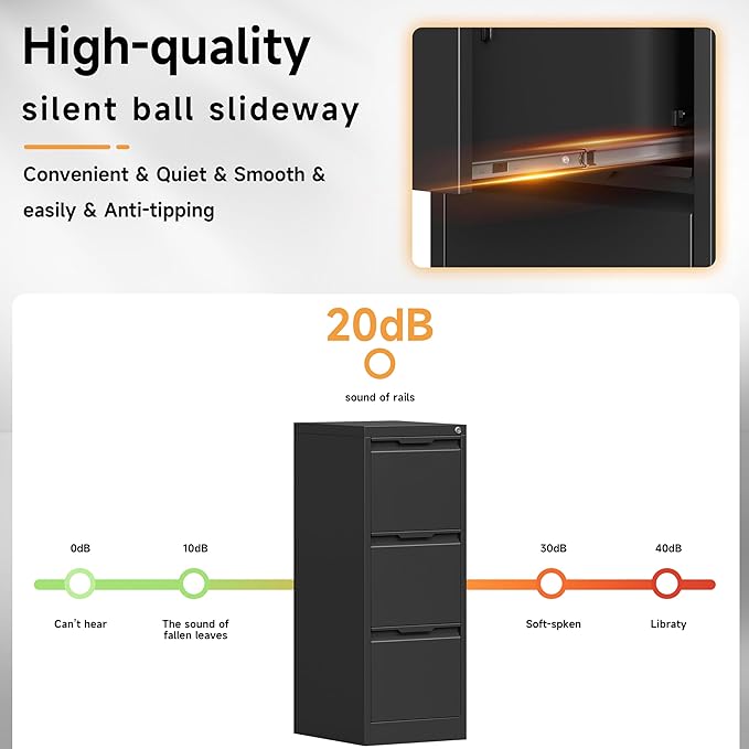 17.8" D File Cabinet, 3 Drawer Metal Filing Cabinets with Lock, Locking Vertical File Cabinet for Letter/Legal/A4/F4 Size, Easy Assemble (Black)