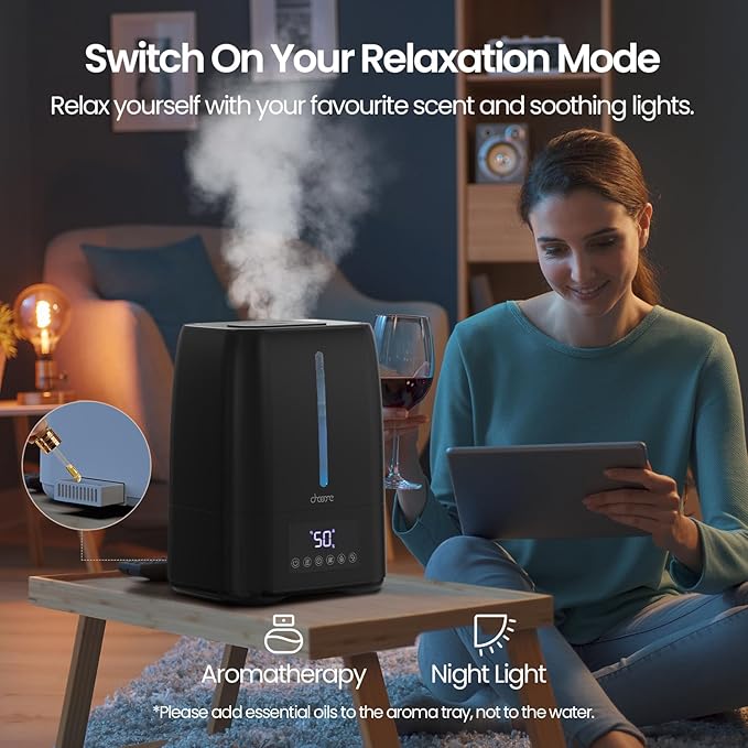 6L Top Fill Ultrasonic Humidifier - Cool and Warm Mist for Bedroom, Baby, Large Rooms & Plants, Smart Humidity Control, Aroma Diffuser, Night Light, 12H Timer, Quiet, Black