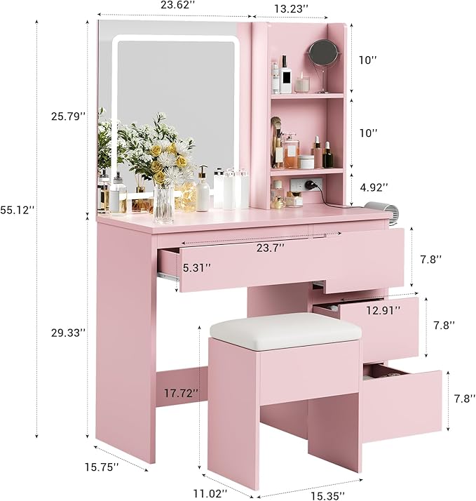 Vanity Desk with Mirror and LED Light, Vanity Desk with 4 Drawers, Power Outlet, Storage Stool, Storage Shelves & Hair Dryer Holder, Adjustable 3 Lighting Mode, Makeup Vanity Set for Bedroom, Pink