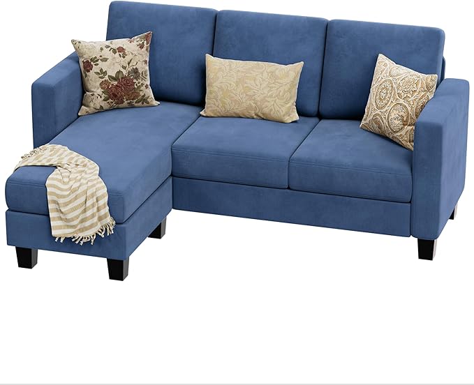 VICTONE Convertible Sectional Sofa Couch, 3 Seat L-Shaped Sofa with Linen Fabric Ottoman Small Couch for Small Apartments, Living Room and Office (Linen Fabric, Blue)