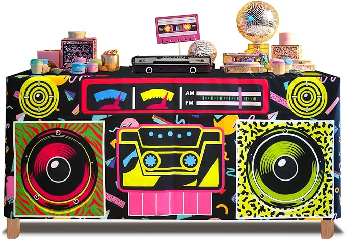 8FT 80s 90s Theme Party Tablecloth, 80s 90s Decorations for Back to 80s 90s Hip Hop Birthday Party