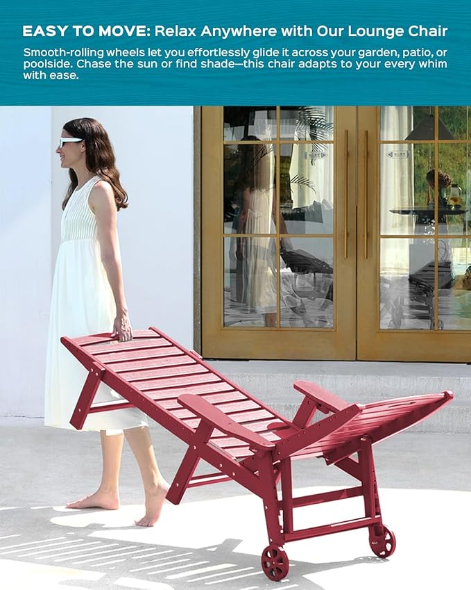 Ciokea Lounge Chair Outdoor, Oversized Chaise Lounge Chair with 5 Positions, HDPE, Patio Lounge Chair with Wheels & Cup Holder for Pool, Deck, Poolside, Red