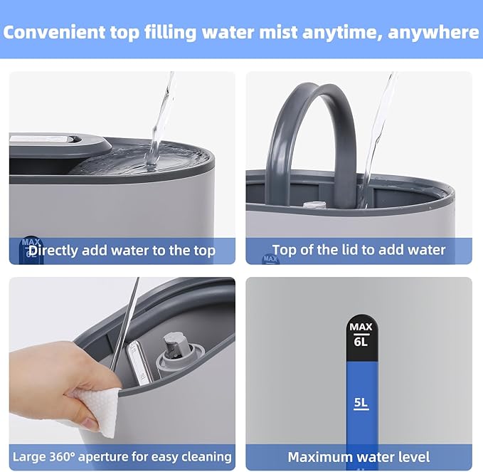 6L Humidifiers for Bedroom Large Room Home, Cool and Warm Humidifiers for Baby and Plants Mist Top Fill Desk Humidifiers Essential Oil Diffuser, Quiet with Adjustable Mist,360°Nozzle-Grey