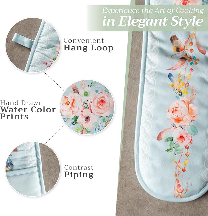 Maison d' Hermine Double Oven Mitts 100% Cotton 7"x35" Double Oven Mitt Heat Resistant BBQ Cooking Gloves with Loop, Baking, Grilling, Home, Kitchen, Handling Hot Pans Spring Summer (Ibiza)