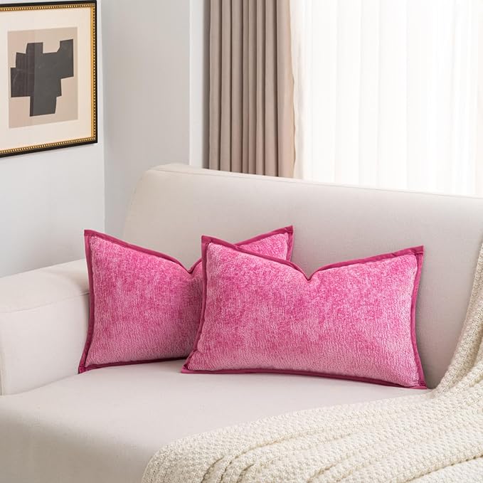 FUTEI Hot Pink Chenille Throw Pillow Covers 12x20 Inch Set of 2,Soft Cozy Bound Edge Design Lumbar Pillow Cases,Home Decor for Couch Bed Living Room