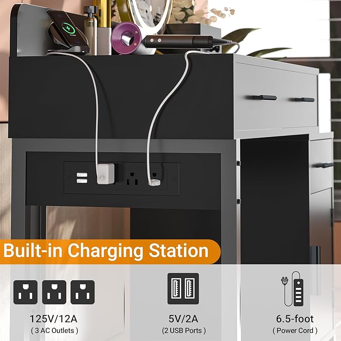 Vanity Desk with 4 Storage Drawers - Modern Makeup Vanity Table with Charging Station, Black Vanity Desk with Reversible Cabinet Dressing Table Set with Divided Organizers for Women Girls, Black