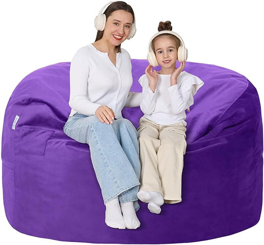 4FT Bean Bag Chair with Ultra Soft Velvet Cover Bean Bag Sofa with Memory Foam Bean Bag Chairs with Large Size Lazy Sofa for Dorm Office Living Room Bedroom Purple 4'