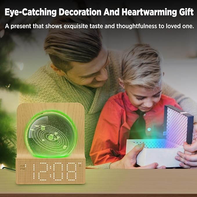 DreamSky Space Alarm Clock for Kids Teens, Small Digital Clock with RGB Night Light for Bedroom, Colorful Crystal Ball Decor for Living Room Office, Dimmer, Gifts for Boys Girls Women (Wood Grain)