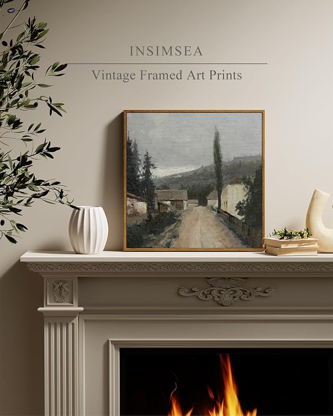 InSimSea Square Framed Canvas Wall Art, Vintage Village Paintings, Rustic Scenery Wall Pictures for Bedroom Bathroom Living Room, Canvas Prints Artwork, Home Retro Decor 16"x16"