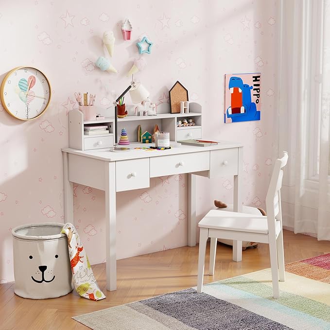 White Wrting Desk with Hutch and Drawers - 40 Inch Small Student Desk for Home Office, Study Desk for Teen