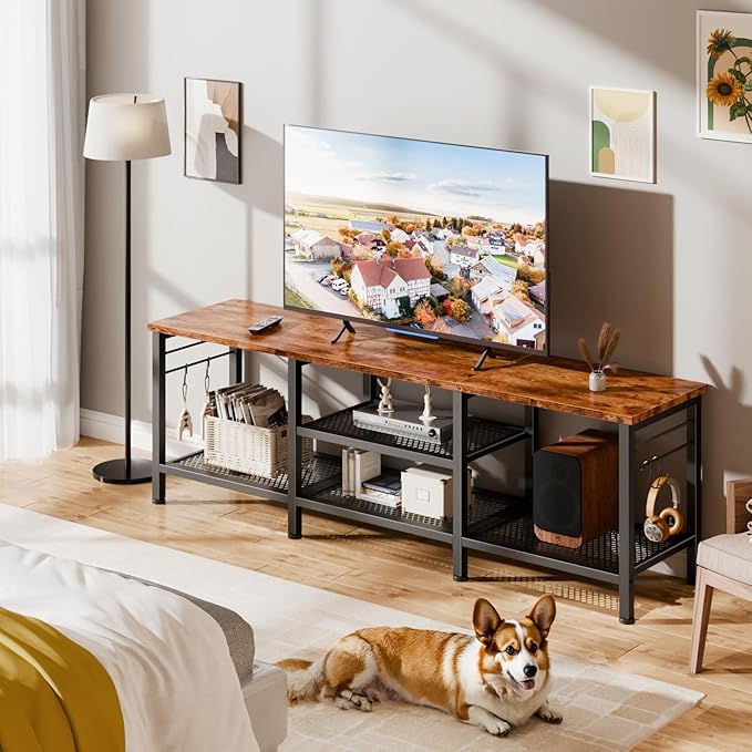 Furologee TV Stand for TVs up to 65 Inch, Entertainment Center with Open Storage Shelves, 55 Inch Television Stands with Soundbar Shelf for Living Room, Bedroom, Rustic Brown