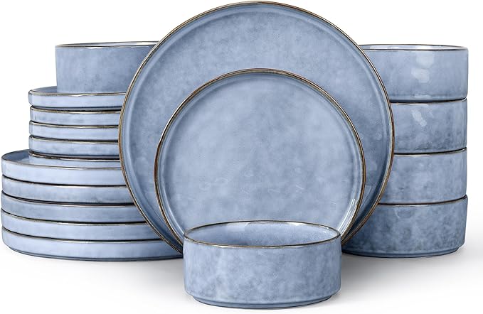 LIANYU 18 Pcs Dinnerware Sets for 6, Plates and Bowls Dinner Set, Stoneware Dish Tableware for Dessert Salad Pasta, Microwave & Dishwasher Safe, Serenity Blue