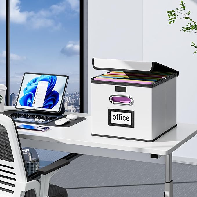 Huolewa Portable Leather File Organizer Boxes with Lids, Collapsible File Folder Organizer Boxes, Decorative Small Filing File Cabinet for Home/Office, Easily Store Documents/Hanging File Folders