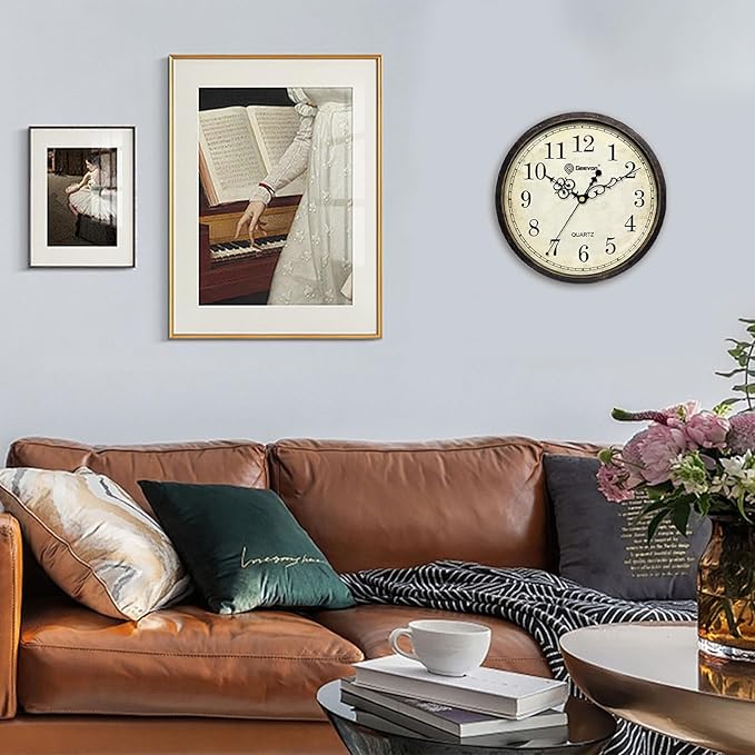 Geevon Vintage Wall Clock 10" Silent Non-Ticking Retro Round Quartz Battery Operated Decorative Clock for Kitchen, Living Room, Bedroom, Office, Classroom