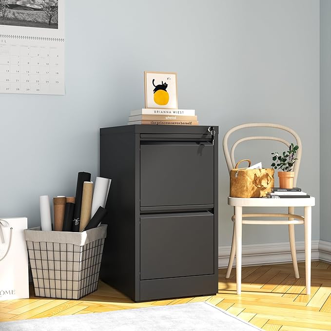 File Cabinet, Vertical File Cabinets with Lock for Home Office,Heavy Duty Office Steel Filing Cabinet for Hanging Letters/Legal/A4, Assembly Required (Black, 2 Drawers)