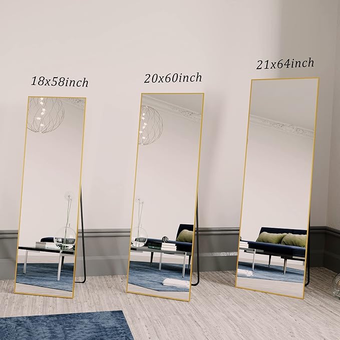 BEAUTYPEAK Gold Full Length Mirror, 58"x18" Standing Hanging or Leaning Against Wall Floor Mirrors Body Dressing Wall-Mounted for Living Room, Bedroom with Aluminum Alloy Thin Frame