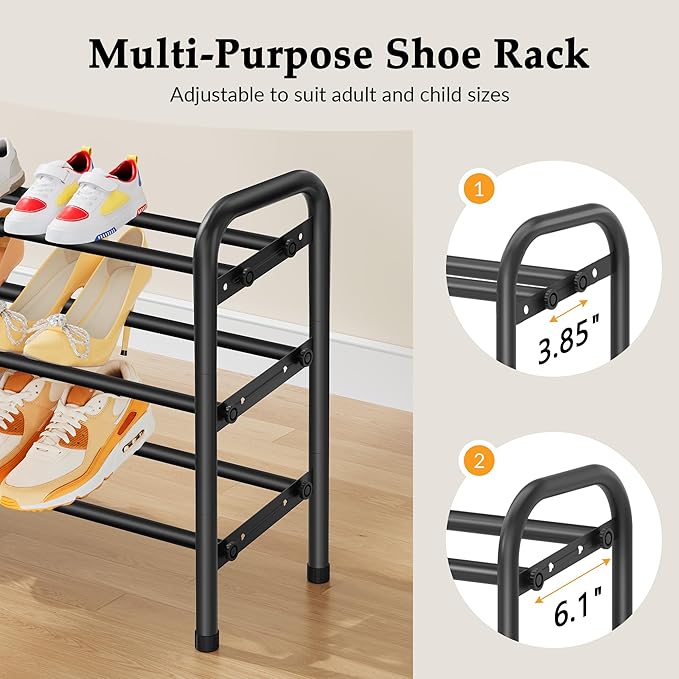 3 Tier Shoe Organizer, Shoe Rack for Closet, 28“ Metal Shelf Can Expandable to 42“, for Bedroom, Entryway, Closet, Garage, Adjustable to 18 Pairs Shoes, Black