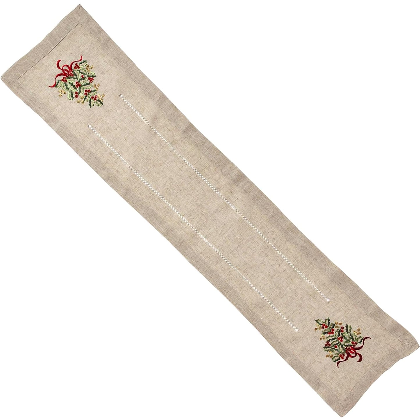 SARO LIFESTYLE 60041.N1654B Holly Collection Christmas Tree Embroidered Table Runner, 16" x 54", Natural