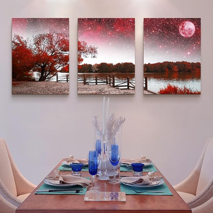 Wall Art Decor Poster Living Room Abstract Red Tree Moon Starry Sky Red Landscape Paintings Bathroom Wall Art Bedroom Canvas Prints Works 3 Pieces Picture Ready To Hang Office Home Decoration Artwork