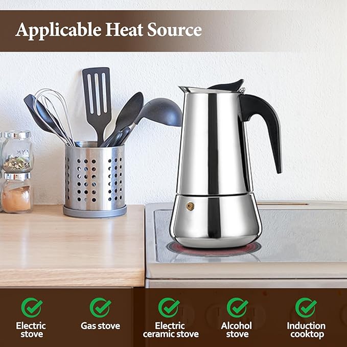 12 Cup Moka Pot Percolator Italian Coffee Maker 600ml Stovetop Espresso Mocha Stainless Steel Greca Coffee Maker Classic Cafe Makers Suitable for Induction Cookers Ceramic Stoves Tummy