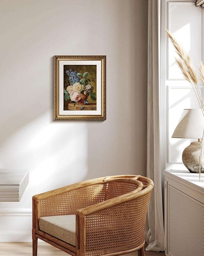 VIYYIEA Gold Framed Wall Art Canvas Print Home Decor Vintage Floral Wall Decor Flower Bathroom Art Decor Aesthetic Room Decor Oil Painting Retro Plants Still Life Wall Pictures Bedroom Gifts 13x16in