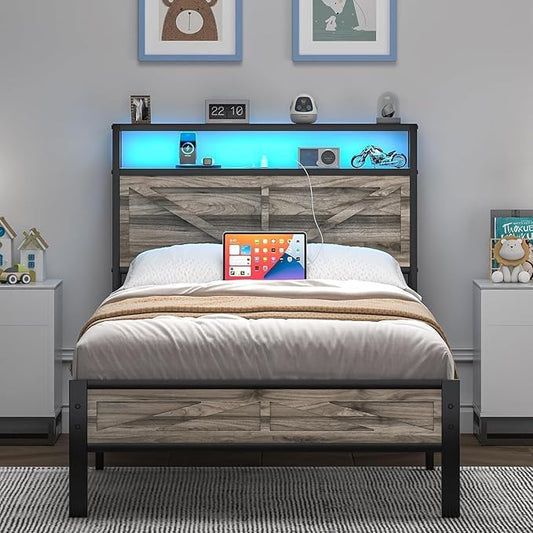 Twin Bed Frame with Charging Station and LED Lights, Twin Size Metal Platform Bed Frame with Storage and Rustic Barn Door Headboard, Heavy Duty Steel Slats Support, No Box Spring Needed, Wash Grey