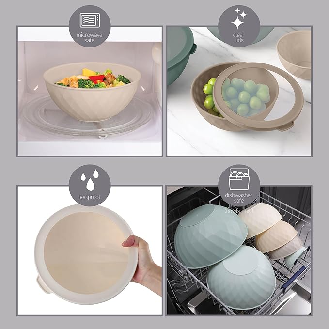 COOK WITH COLOR Mixing Bowls with Lids - 12 Piece Plastic Nesting Bowls Set includes 6 Prep Bowls and 6 Lids, Diamond Design - Microwave Safe (Mint)