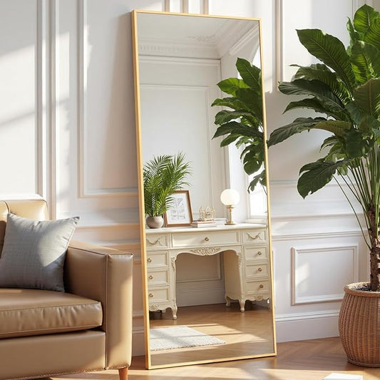 OLIXIS Full Length Mirror 59"x16" for Bedroom, Full Body Mirror with Stand, Hanging or Leaning for Wall, Aluminum Alloy Thin Frame Floor Standing for Living Room, Long, Classical Gold