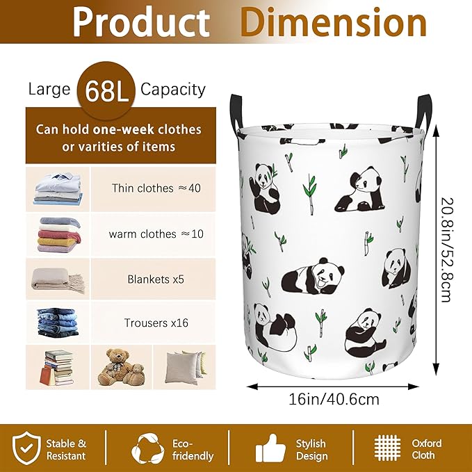Laundry Hamper, Cute Pandas Animal Laundry Basket,Waterproof Foldable Storage Bin for Bedroom,Clothes Organizer Basket,Toys Box 16x20 Inch