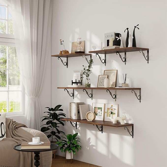 Deep Floating Shelves, 24" W x 12" D Wall Shelves Set of 2, Wide Display Shelf Wall Mounted with Brackets, Bookshelf for Living Room, Bathroom, Bedroom, Walnut