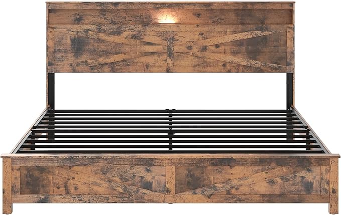 Farmhouse Wooden Bed Frame King Size with Storage Headboard, Boho Platform Bedframe with LED Lights and Charging Station, Metal Slats Support, No Box Spring Needed, Brown