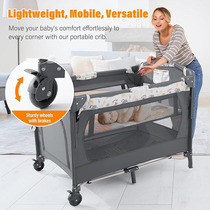 5 in 1 Infant Newborn Baby Crib,Baby Bassinet Bedside Cribs,Pack and Play and Changing Table,Portable & Music Box,Portable Travel Crib,Dark Gray