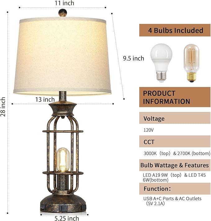 28" Vintage Table Lamps for Living Room, Industrial Farmhouse Table Lamp with USB C+A Ports & Outlet, Rustic Nightstand Bedside Lamps with 2 Night Light for Bedroom End Tables Bronze, 4 Bulbs Included