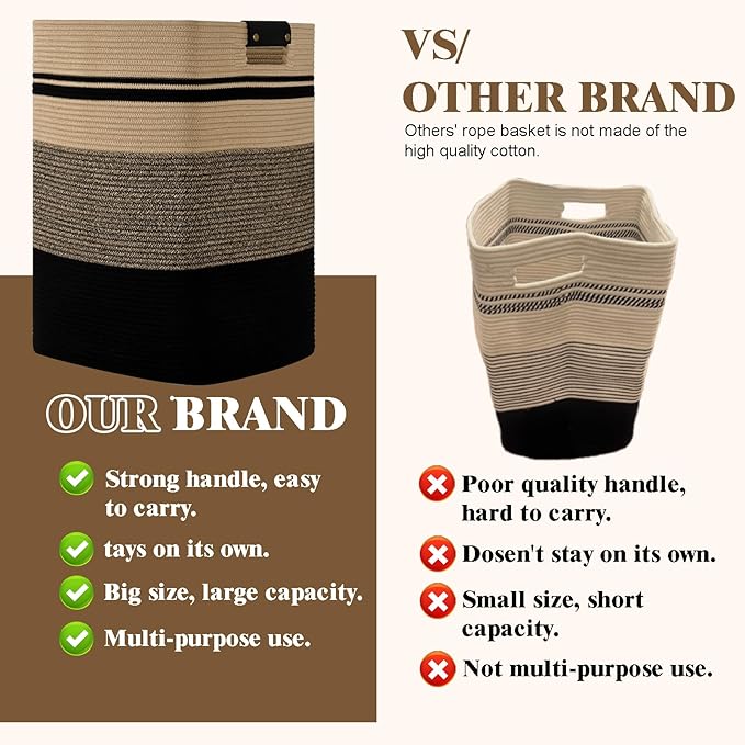 Laundry Hamper, 95L Tall Laundry Basket with Leather Handles, Rectangle Large Clothes Hamper for Organizing, Cotton Woven Laundry Baskets Storage Hampers for Bedroom, Nursery, Living Room