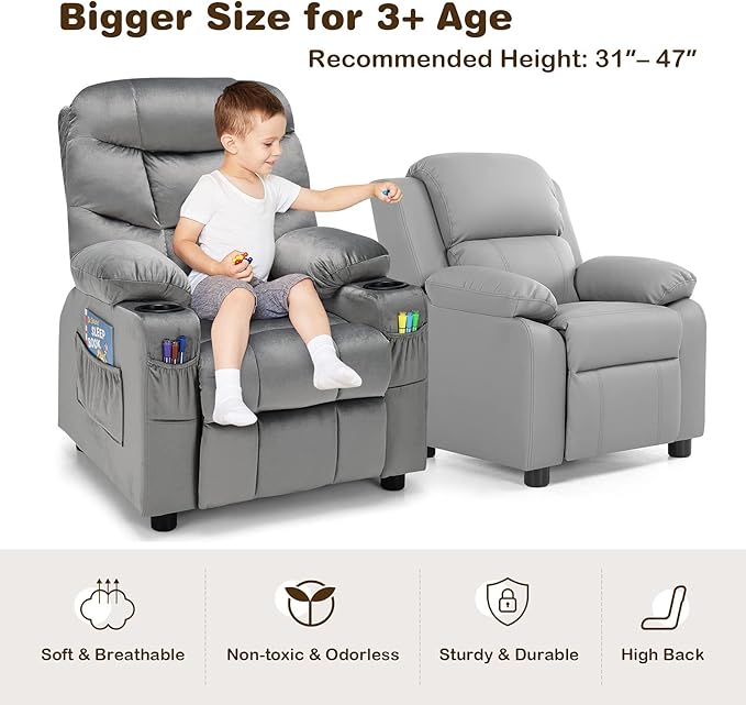 Costzon Kids Recliner Chair with Cup Holder, Adjustable Velvet Lounge Chair w/Footrest & Side Pockets for Children Boys Girls Room, Ergonomic Toddler Furniture Sofa Gifts, Kids Recliner (Gray)