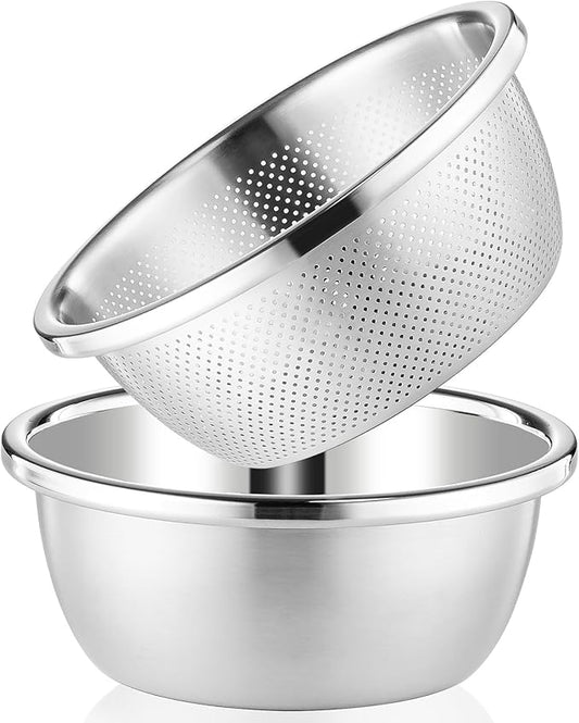 304 Stainless Steel Colander 4QT Microporous Colander & Large Bowl for Kitchen,Rice Strainer with Salad Mixing Bowl for Pasta Straining,Fruit Washing,Vegetable Draining,Food Mixing(2PCs)
