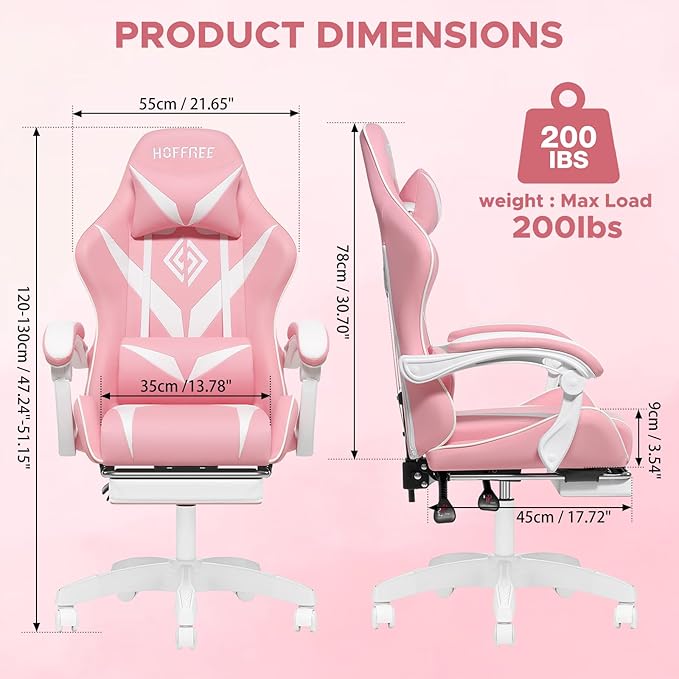 HOFFREE Pink Gaming Chair for Girls with Massage Computer Gamer Chair with Footrest and Lumbar Support Reclining PC Game Chair with Headrest for Gaming Room